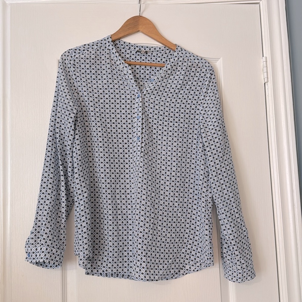 Joie Silk Navy and Light Blue Geometric Long Sleeve Blouse Size Large